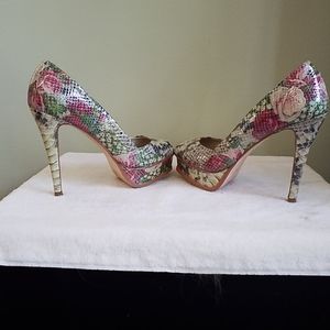 Aldo Snake Print & Floral Peep Toe Stilettos 38